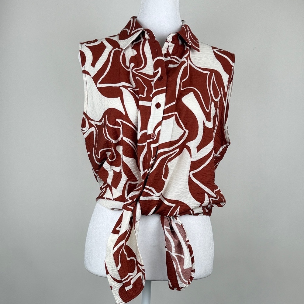 Rachel Zoe Sleeveless Collared Rust & White Print Tie Front Button Down Top S